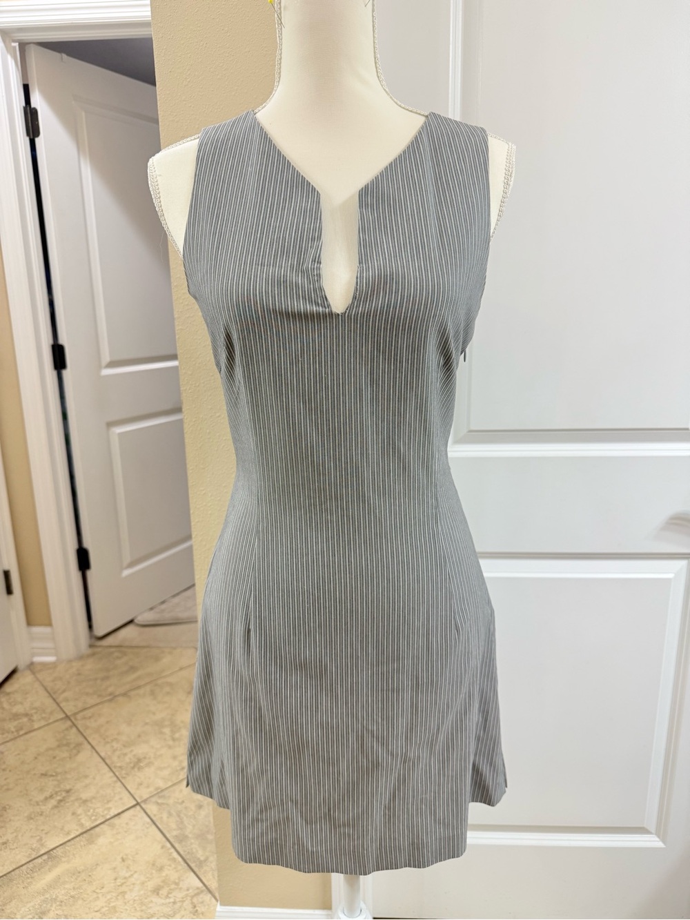 Sleeveless Gray Pinstripe V-Neck Sheath Dress